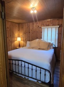 Wood-paneled bedroom with a dark metal bed frame, white bedding, beige pillows, a bedside lamp, and a window with blinds.