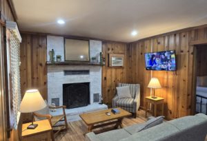 Cozy rustic living room with wood panel walls, white brick fireplace, mantle plants, and a mounted TV to the right.