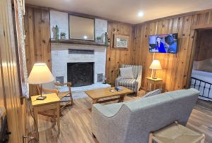 Cozy living room with wood paneled walls, a white brick fireplace, and a mantel with plants; a wall-mounted TV to the right and seating around a wooden coffee table.