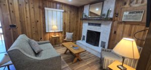 Cozy living room with wood-paneled walls, a white brick fireplace, and a grey sofa facing a wooden coffee table.
